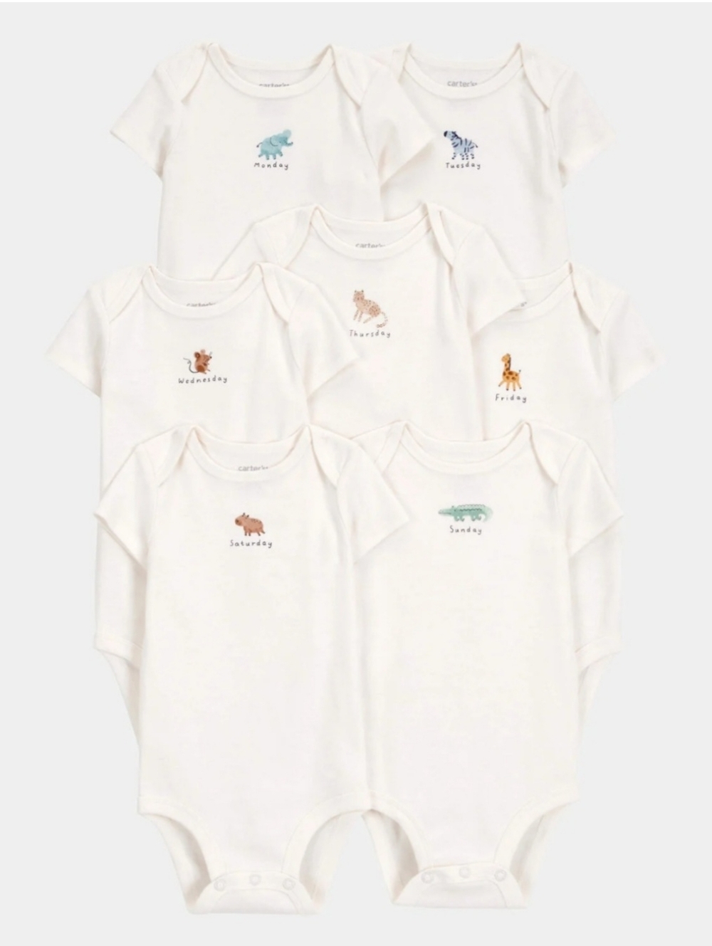 Carters 7-Pack White Day-of-Week Animal Baby Bodysuits/Onesies 24mth, NEW